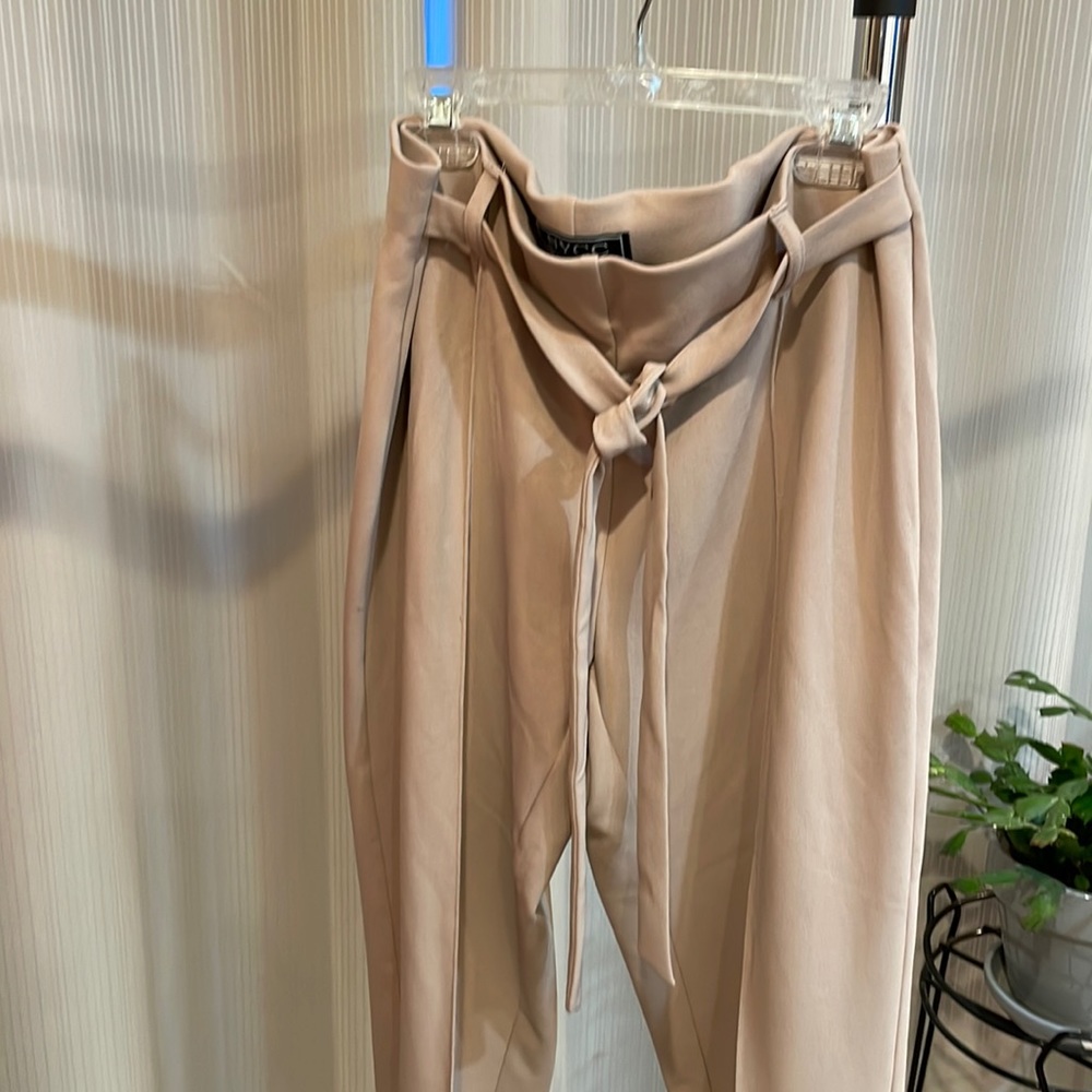 Relaxed slacks, light beige ,hint of pink. Should I say pinkish beige,cuffed